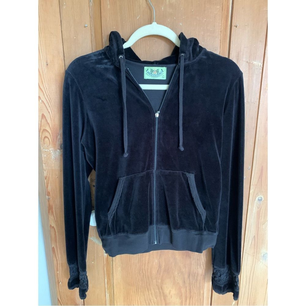 Juicy Couture black velour lace trim hoodie